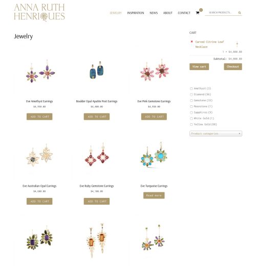 FuseLoft LLC - Anna Ruth Henriques e-commerce website Jewelry page with cart view and category filters