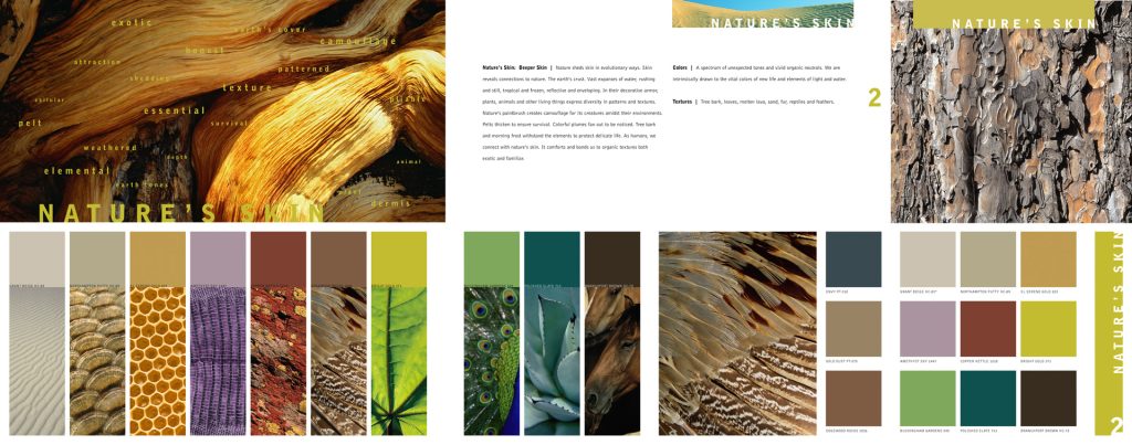 FuseLoft LLC - Benjamin Moore Color Pulse® 2007 color trend forecast branding series, Nature’s Skin interior spread with trend visuals and color palette