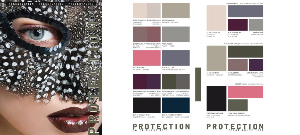 FuseLoft LLC - Benjamin Moore Color Pulse® 2012 color trend forecast branding series, Protection interior spread with trend theme cover image and color palette
